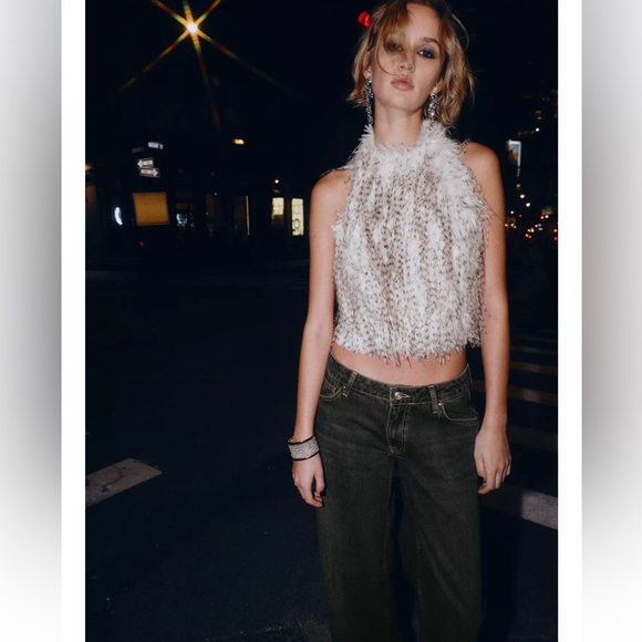 Zara Feathery Halter Crop Top in White and Brown - Picture 2 of 10